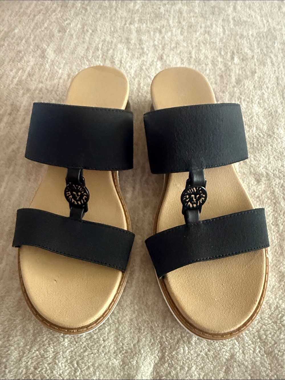 Anne Klein Black Double-Band Slide Sandals with Gold Medallion Accent - Picture 7 of 10